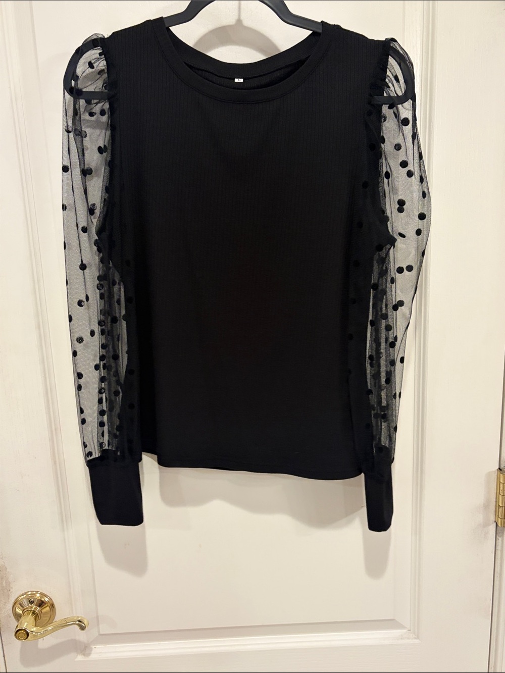 SHEIN Black Ribbed Top with Polka Dot Mesh Puff Sleeves